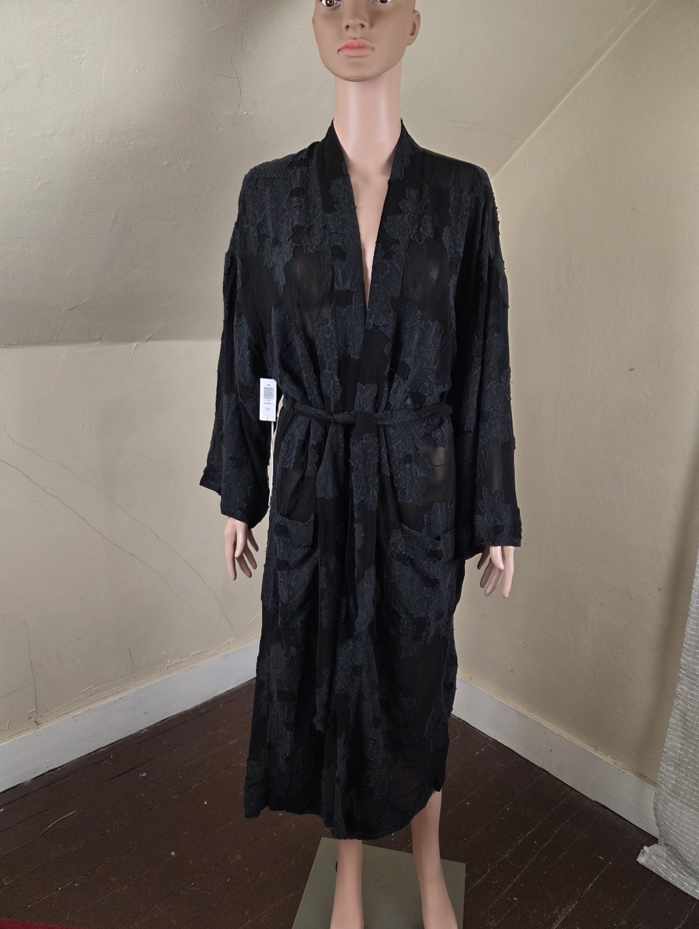 Wilfred Durante Kimono Robe Black Floral Sheer Belted NWT Size S Boho Duster